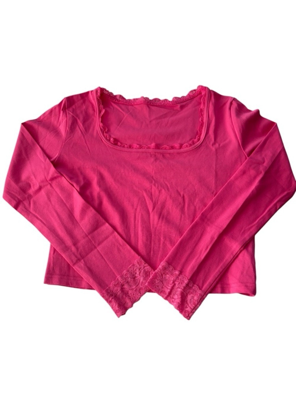 Pink Women   Long-Sleeve Lace Trim Top